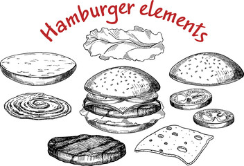 Illustration of a burger, vector drawing, sandwich ingredients. Set of hand drawn burgers illustrations. Design elements for poster, menu, flyer. Vector illustrations