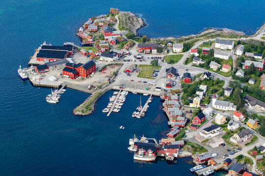 Beautiful fishing village of Reine at Lofoten, Norway, Europe seen brom the summit of Reinebringen
