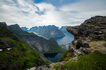 Fototapeta na wymiar Reinebringen, Lofoten, Norway. View over picturesque Norwegian landscape with mountains and fjord