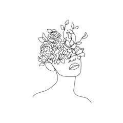 Woman Head with Flowers Line Vector Drawing. Style Template with Female Face with Flowers. Modern Minimalist Simple Linear Style. Beauty Fashion Design