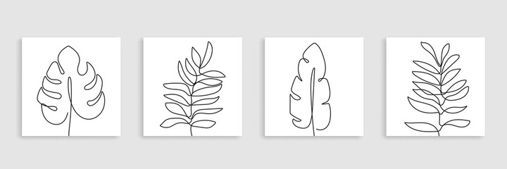 One Line Drawing Vector Leaves Prints Set. Botanical Poster. Modern Single Line Art, Aesthetic Contour. Perfect for Home Decor, Wall Art Posters, or t-shirt Print, Mobile Case. Continuous Line Drawing