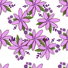 Simple cute floral bouquet vector pattern with small and medium flowers and leaves.
