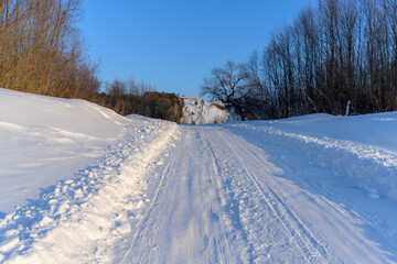 Snow covered road leading to village houses on a high mountain on a frosty winter day. various trees grow along the sides. Pure white snow and pale blue sky 