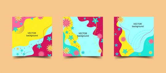 Set of trendy design vector background with abstract shapes and flowers, for social networks, advertising, funny brochure cover template,. Place for text