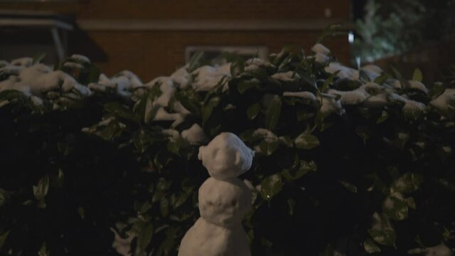 A tilt shot of a small snowman on a fence at night.