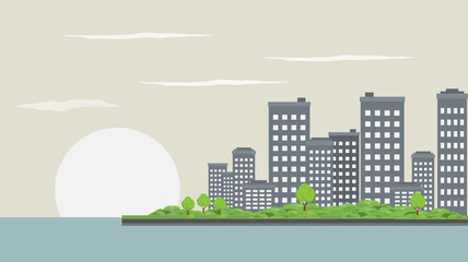 city scape daytime or city skyline or city horizon day time flat style. city scape with sky scraper building grey color  landscape vector illustration. 