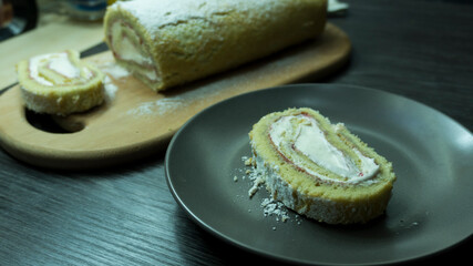 Vanilla Cream Roll Cake. Swiss Roll Cake