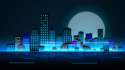 cityscape panoramic night time or city skyline or city horizon night flat style. city scape with sky scraper building blue light color  landscape vector illustration. 