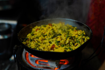 The kitchen of a poor house in which cabbage vegetable is cooking