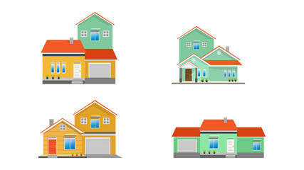 Modern simple suburban house exterior set in flat style design, set of colorful house exterior, vector illustration isolated on white. 
