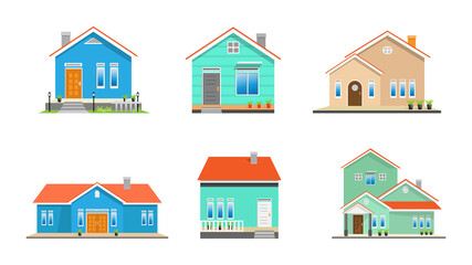 Modern simple suburban house exterior set in flat style design, set of colorful house exterior, vector illustration isolated on white. 