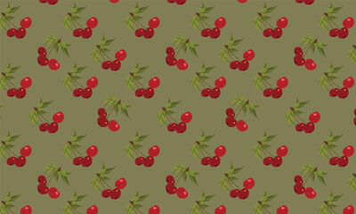 Cherry Vector Seamless Repeating Pattern. Greate as a textile print, fabric, wallpaper, background, packaging and giftwrap. Surface Pattern Design.