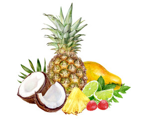 Naklejka na ściany i meble Pineapple coconut papaya lime strawberry composition watercolor illustration isolated on white background