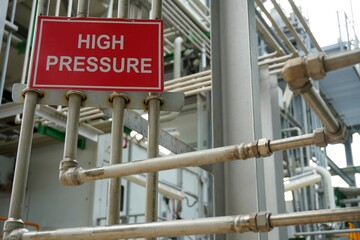 High pressure tag is hung on the Pipeline to specify that there is pressure in the pipe in the chemical production plant.