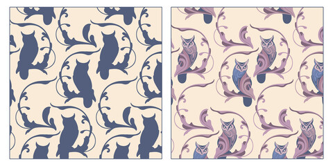 Gentle owls. Seamless vector  pattern with owls and flowers
