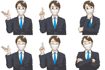 A set of facial expressions of a masked young man in suit