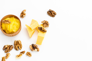 Sweet honey and nuts, isolated on white background