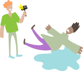 Man makes video as a man falls into puddle.