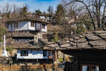 Photo of old houses representing the bulgarian traditional architecture.