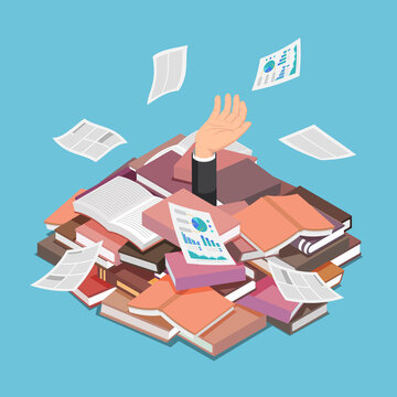 Isometric Businessman Drowned in Book and Document Pile