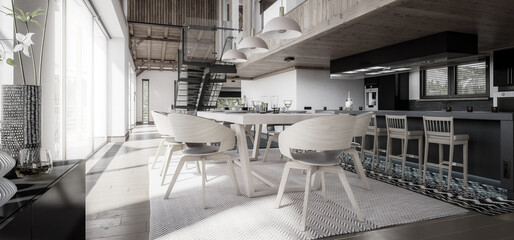 Modern Residential Loft with Dining Room & Kitchen - panoramic black and white 3d visualization