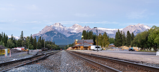 Banff Railway Station in summer evening. Banff National Park, Canadian Rockies. Banff, Alberta, Canada. © Shawn.ccf