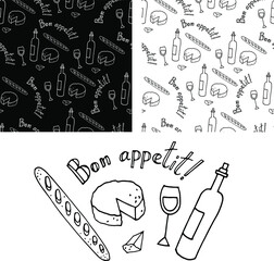 Vector set : two seamless patterns andhand drawn elements for design . Bottle of wine, glass, cheese, baguette, lettering 