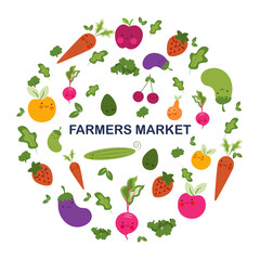 farmer market poster with fruits and vegetables. Vector design template of fresh veggies and natural farm organic radish or cauliflower and broccoli cabbage, zucchini squash or cucumber and carrot 