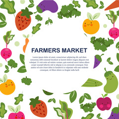 farmer market poster with fruits and vegetables. Vector design template of fresh veggies and natural farm organic radish or cauliflower and broccoli cabbage, zucchini squash or cucumber and carrot 