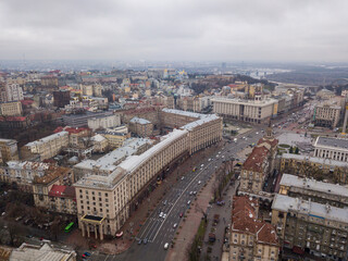 Fototapeta premium Center of Kiev. Aerial drone view. Winter cloudy morning.