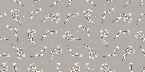  Willow twigs seamless background. Willow twigs on a gray background. Spring pattern.Design for paper, textiles. Vector flat illustration - obrazy, fototapety, plakaty