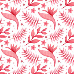 Watercolor seamless pattern of tropical leaves on a white background.
