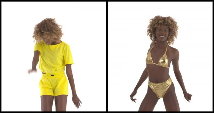 Vertical collage of African dancing woman. Young dancer in two clips wearing in gold swimsuit, yellow shorts and crop top set performing hip-hop moves. Isolated on white background