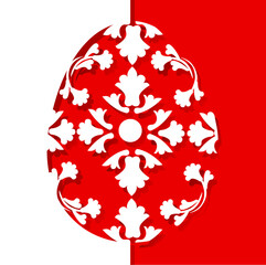 White Easter card in minimal paper cut style on red background. Inside the Easter eggs monograms and flowers. Stock vector illustration isolated on white background.