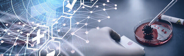 Test tube with patient blood for testing. Analysis for the virus. Coronavirus pandemic laboratory studies. Vaccine development.