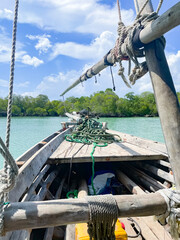 A front of old wooden boat on an ocean in Zanzibar. traveling to an exotic country