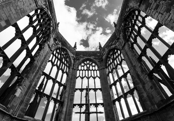 Coventry old cathedral bombed out windows - Powered by Adobe