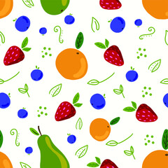 Fototapeta na wymiar spring or summer pattern on a white background from berries, fruits and leaves. juicy abstract explosion. wind graphics.