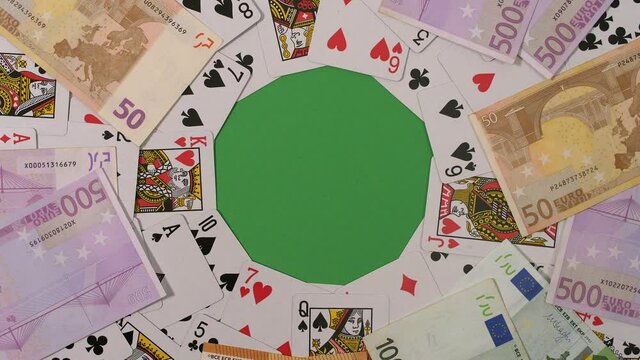 Top view on table with Poker cards and money,gambling concept