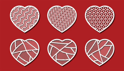 Heart cut on red background for laser cutting. Set of white ornamental hearts. Geometry Pattern in heart shape. Vector illustration.