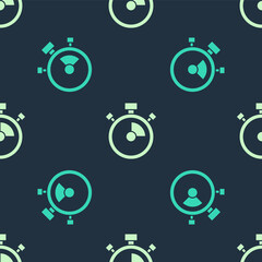 Green and beige Stopwatch icon isolated seamless pattern on blue background. Time timer sign. Chronometer sign. Vector.