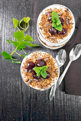 Dessert Black Forest in two glasses on board top