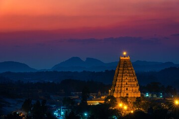 Stunning view at Sree Virupaksha Temple in Hampi on the banks of Tungabhadra River, UNESCO World Heritage Site, Karnataka, India. Indian tourism