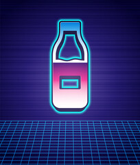 Retro style Closed glass bottle with milk icon isolated futuristic landscape background. 80s fashion party. Vector.