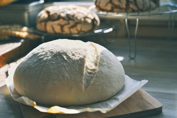 the formed bread dough is on the kitchen table