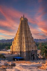 Virupaksha temple located in the ruins of ancient city Vijayanagar at Hampi, Karnataka, India. Indian tourism, lockdown trip - 413457756