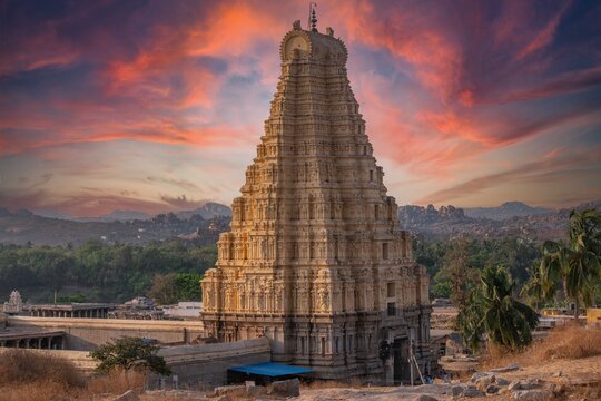 Virupaksha temple located in the ruins of ancient city Vijayanagar at Hampi, Karnataka, India. Indian tourism, lockdown trip