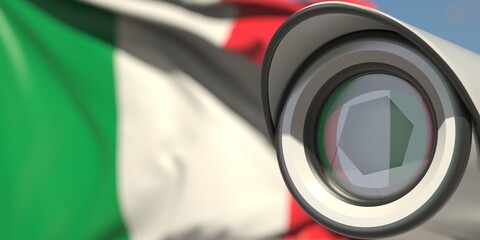 CCTV camera and flag of Italy. National surveillance system conceptual 3D rendering