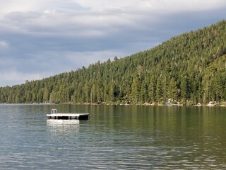 Fototapeta na wymiar Floating swim docks in a lake