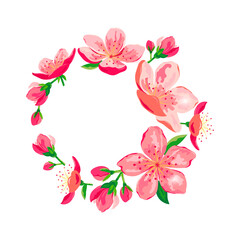 Blossom sakura, cherry flowers wreath. Place for text. Great for spring sale, oriental invite, flyer, beauty offer, wedding, bridal shower, poster, baby shower, Mother's and Women's day. Vector.